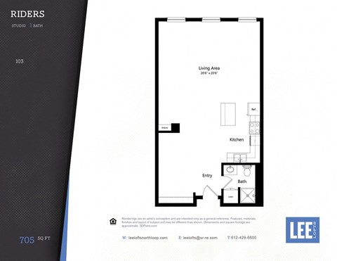 A floor plan for a studio apartment with a kitchen, bathroom, and living area.